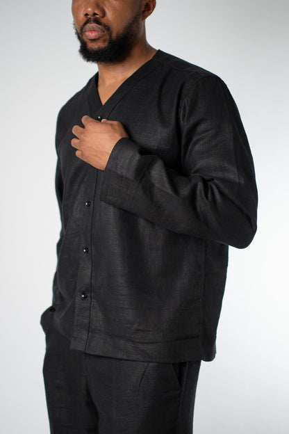 Black Linen V - Neck Button Shirt - THE FEN BRAND