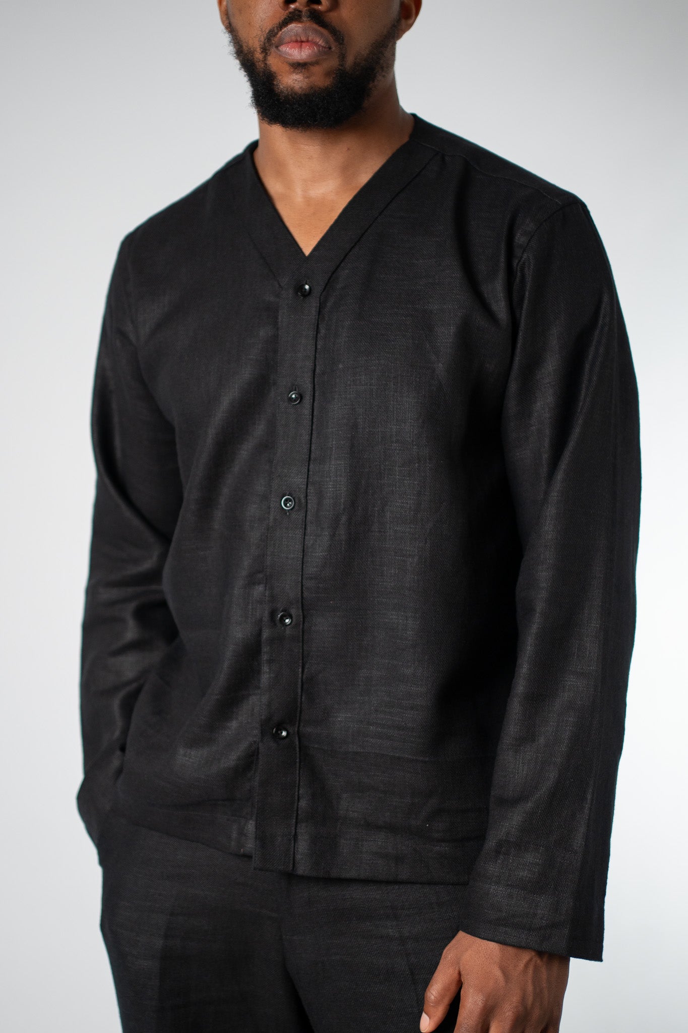 Black Linen V - Neck Button Shirt - THE FEN BRAND