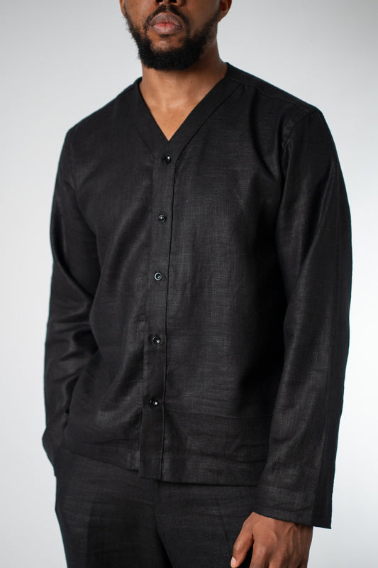 Black Linen V - Neck Button Shirt - THE FEN BRAND