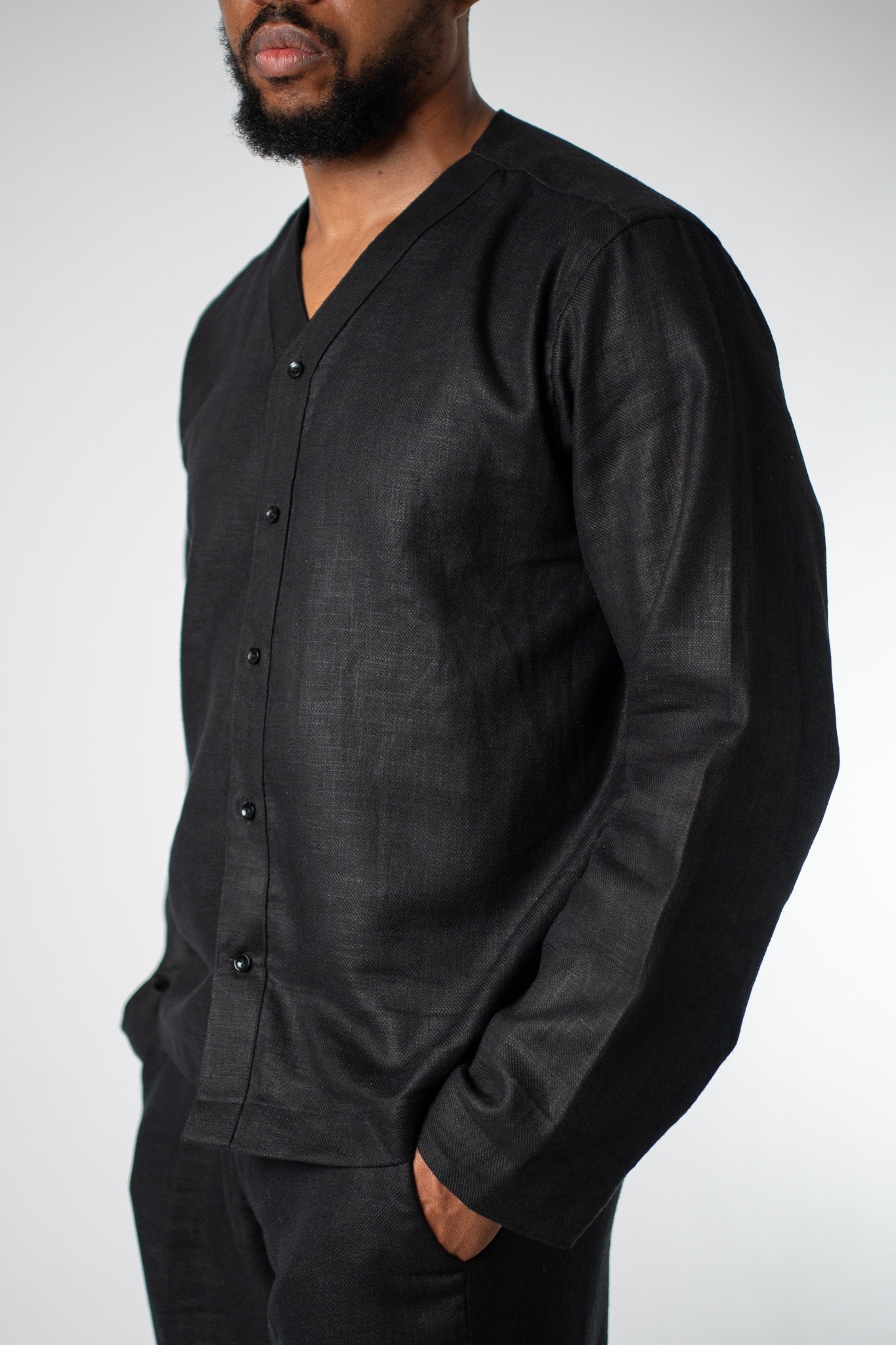 Black Linen V - Neck Button Shirt - THE FEN BRAND