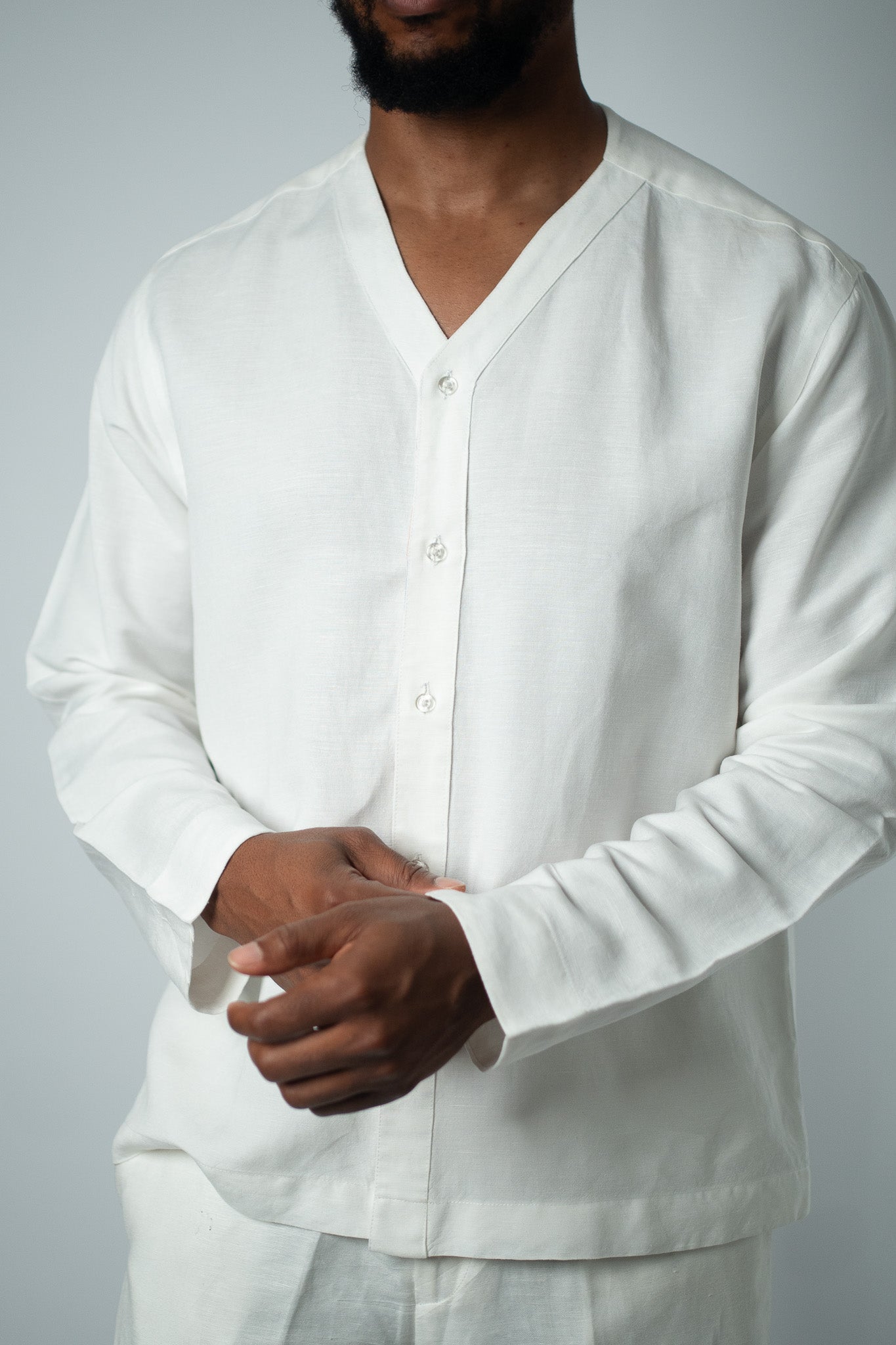 Off - White Linen V - Neck Button Shirt - THE FEN BRAND