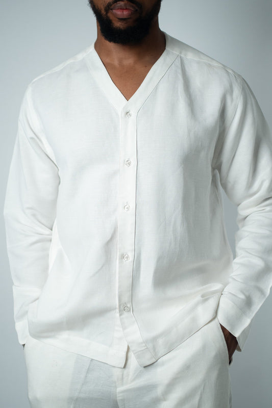 Off - White Linen V - Neck Button Shirt - THE FEN BRAND