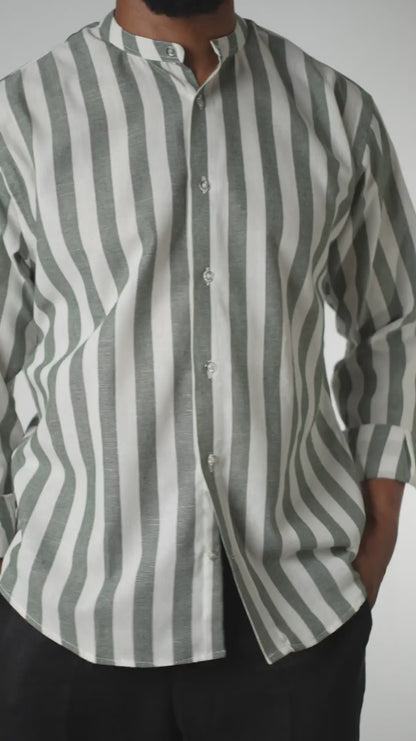 Sage Stripe Band Collar Shirt