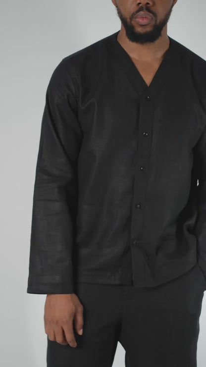 Black Linen V-Neck Button Shirt