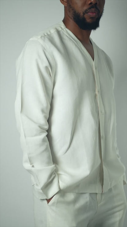 Off-White Linen V-Neck Button Shirt