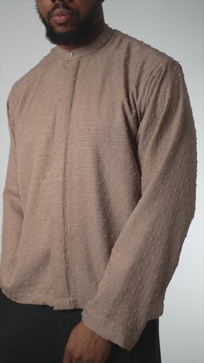 Raised Dot Mocha Band Collar Shirt
