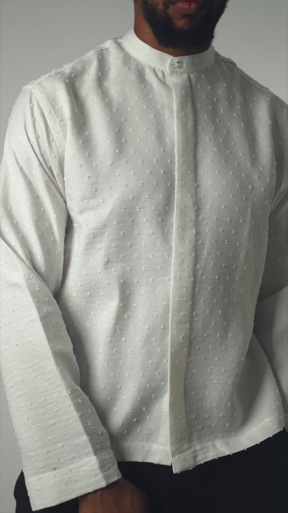 Raised Dot white Band Collar Shirt
