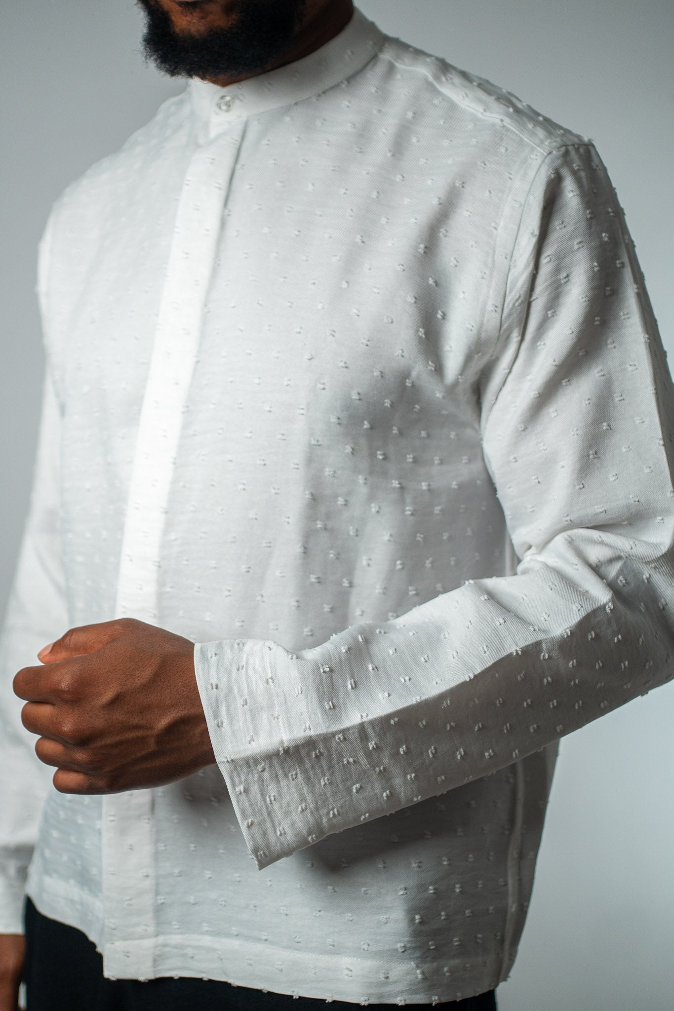 Raised Dot white Band Collar Shirt - THE FEN BRAND