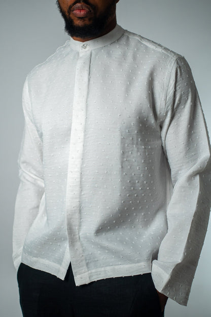 Raised Dot white Band Collar Shirt - THE FEN BRAND