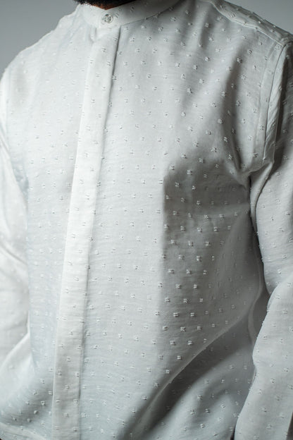 Raised Dot white Band Collar Shirt - THE FEN BRAND