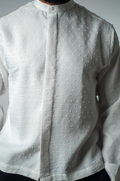 Raised Dot white Band Collar Shirt - THE FEN BRAND