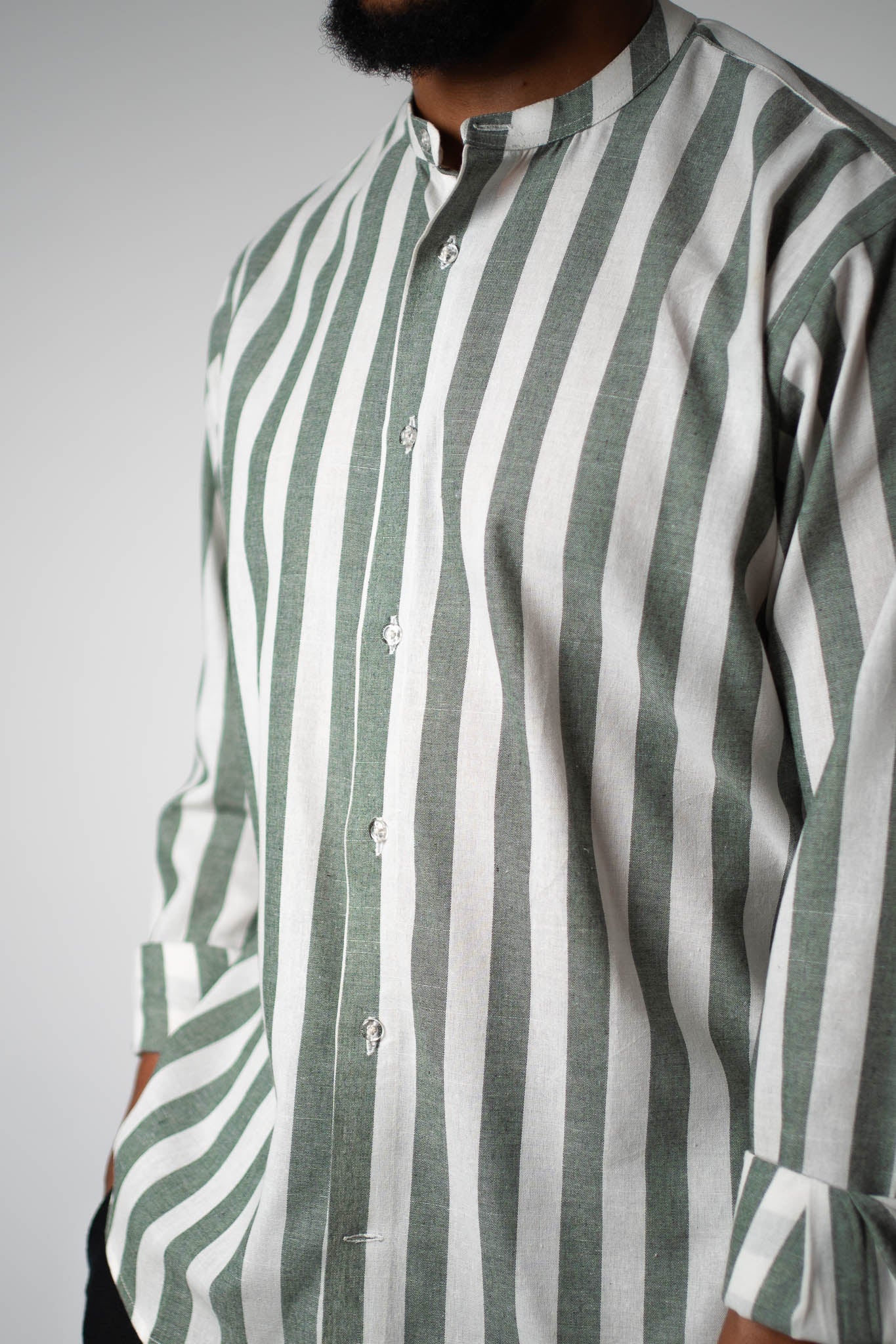 Sage Stripe Band Collar Shirt - THE FEN BRAND