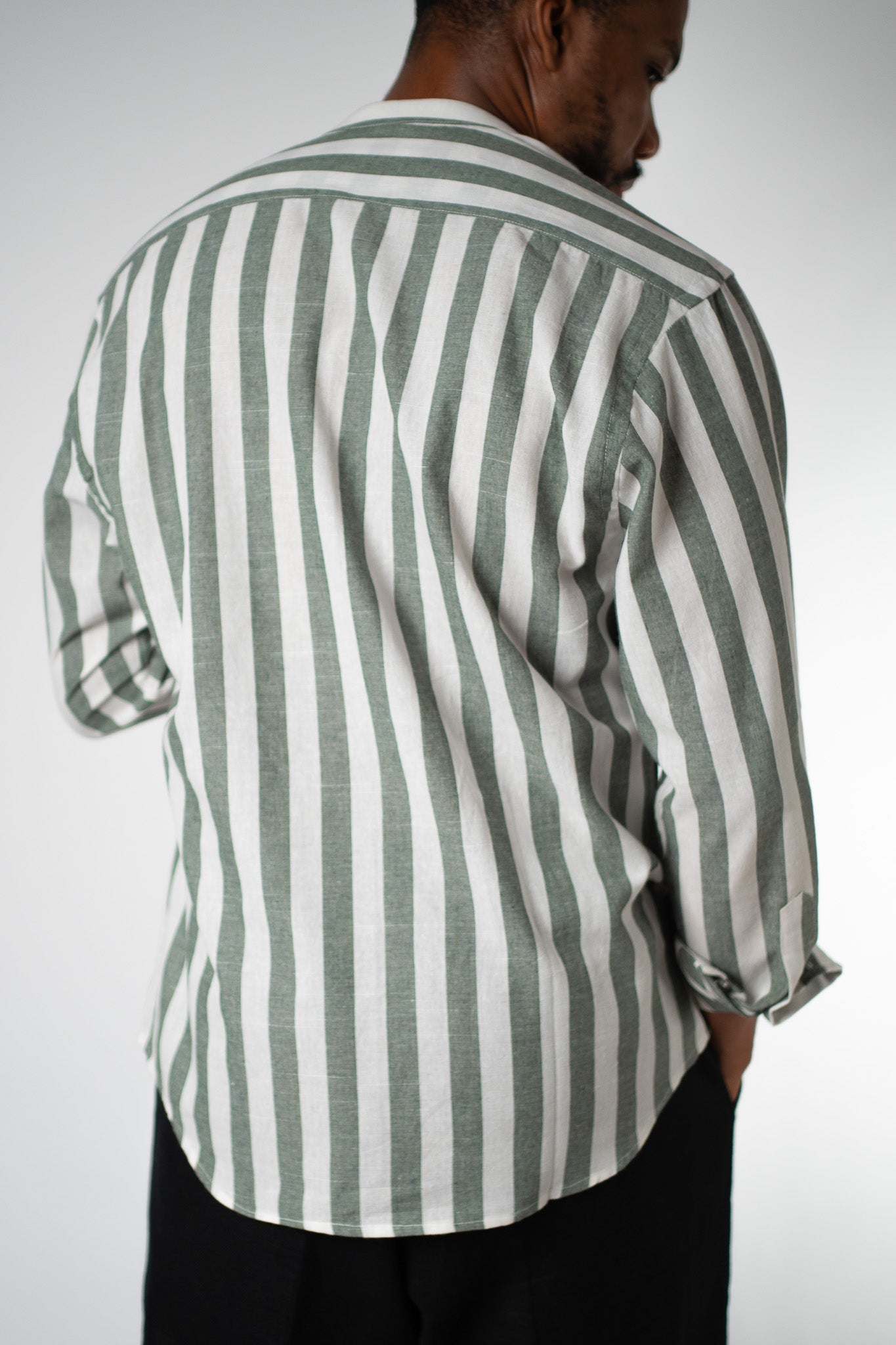 Sage Stripe Band Collar Shirt - THE FEN BRAND