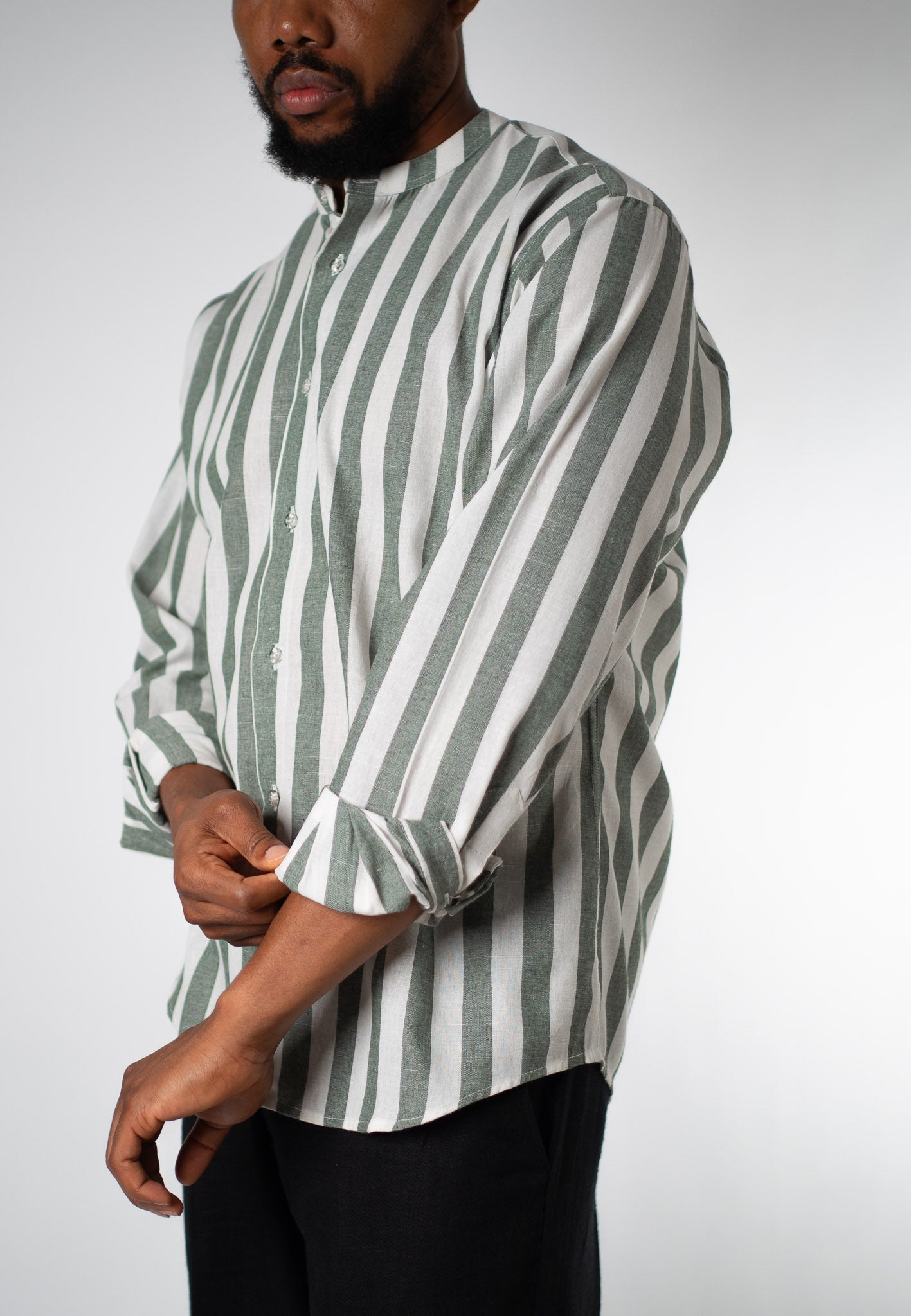 Sage Stripe Band Collar Shirt - THE FEN BRAND