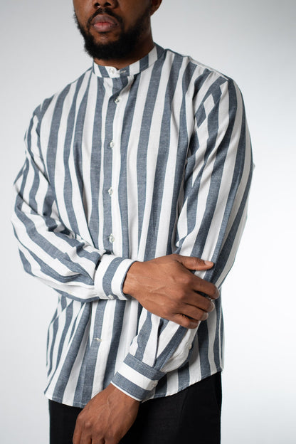 Slate Stripe Band Collar Shirt - THE FEN BRAND