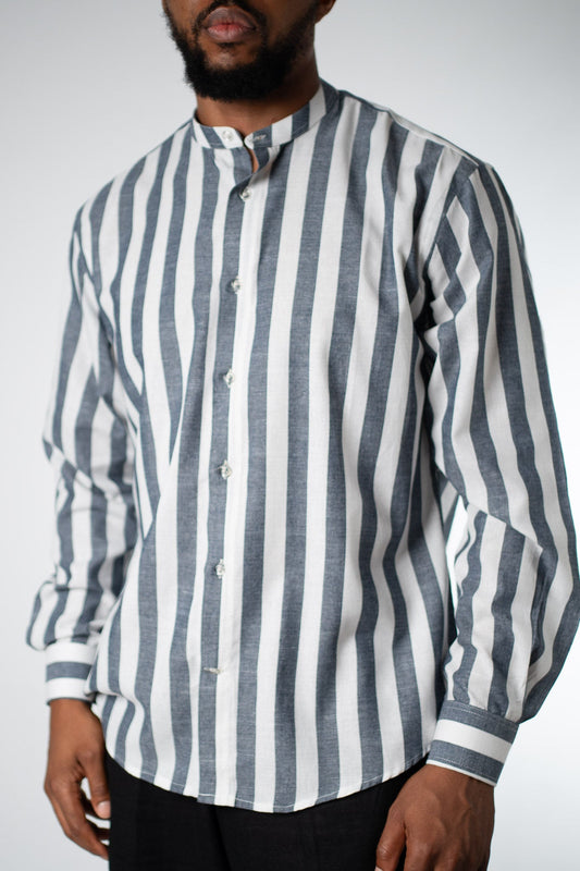 Slate Stripe Band Collar Shirt - THE FEN BRAND