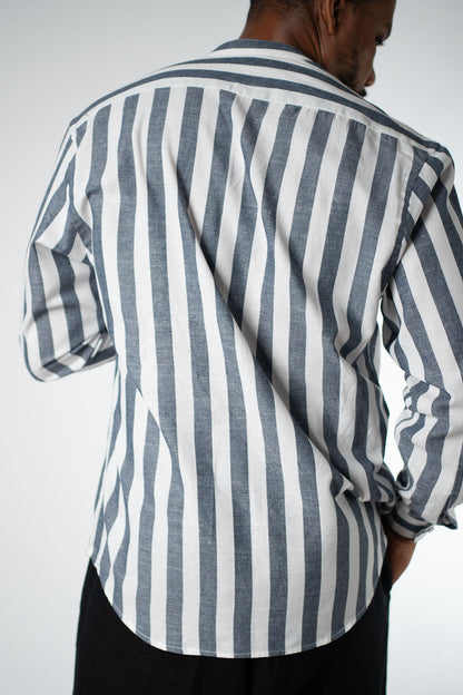 Slate Stripe Band Collar Shirt - THE FEN BRAND