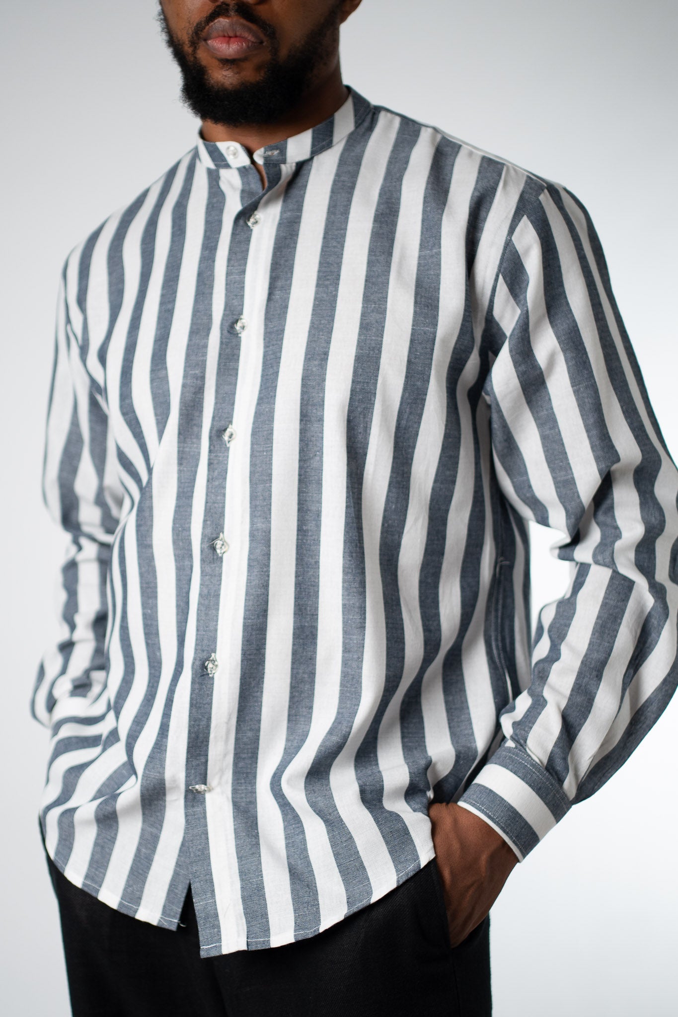 Slate Stripe Band Collar Shirt - THE FEN BRAND