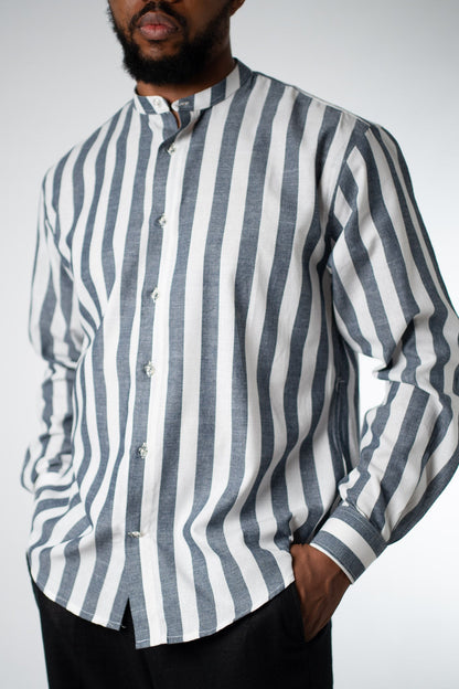 Slate Stripe Band Collar Shirt - THE FEN BRAND